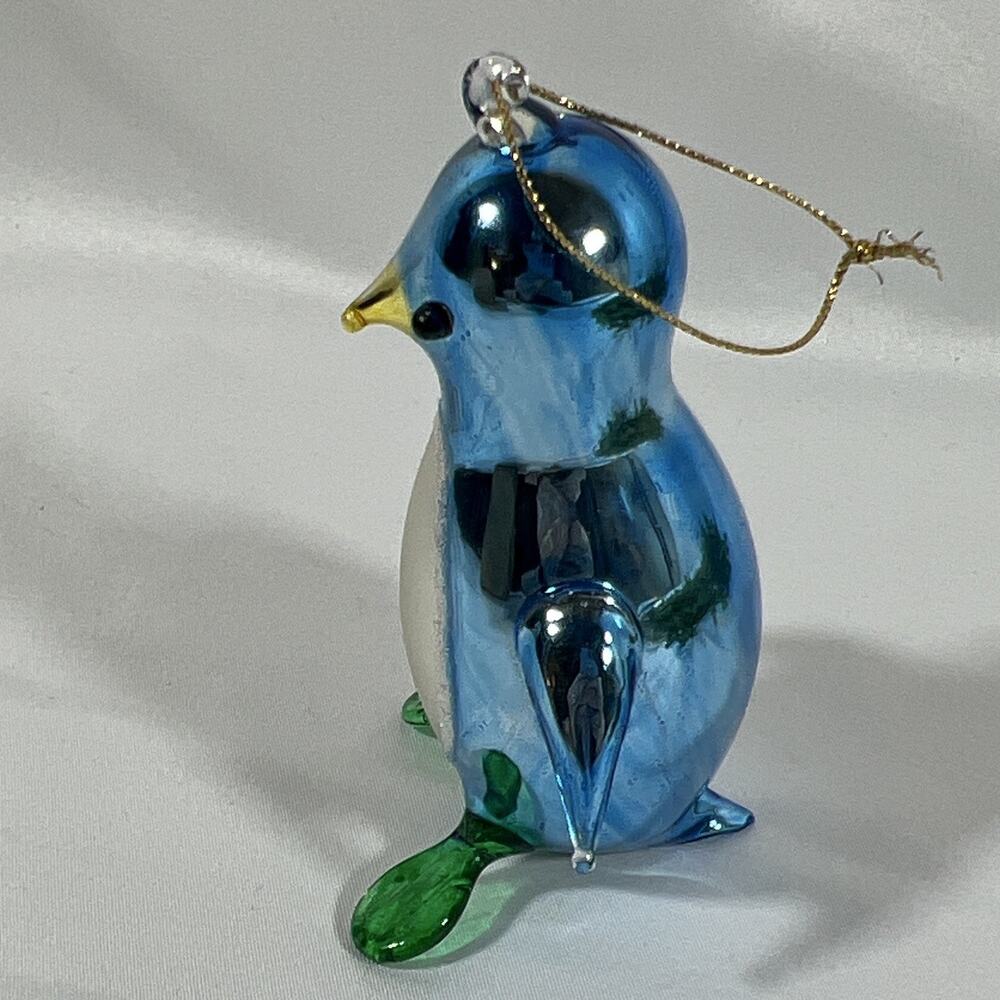 Vintage Hand Blown Art Glass Penguin Figurine Ornament Blue Green Glossy 4.5” - Picture 5 of 9
